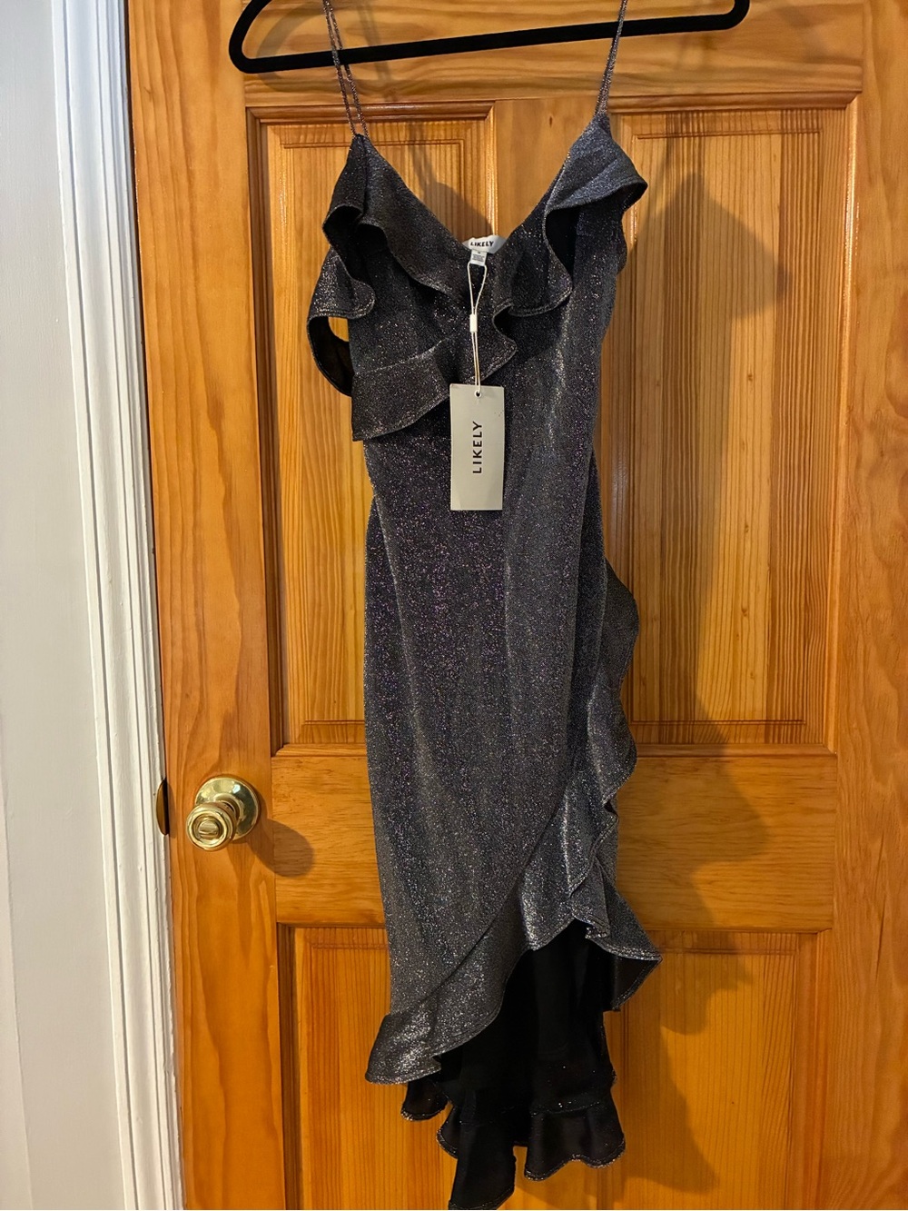Likely Shimmery Charcoal Ruffle High-Low Slip Dress